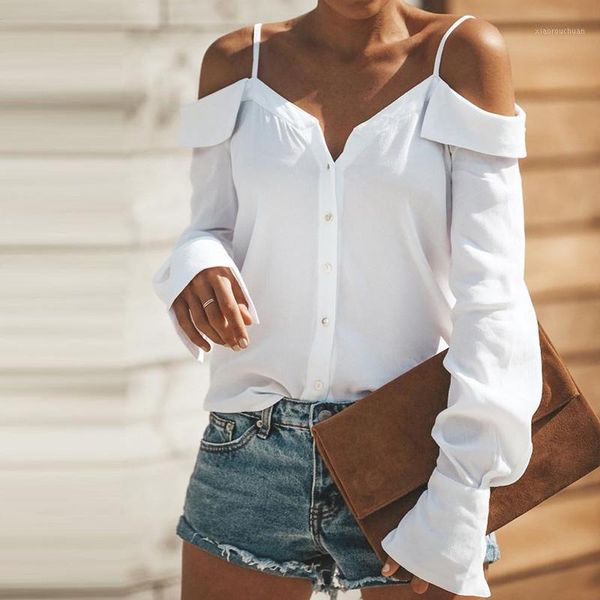 

slash neck blouse women summer fashion long sleeve shirt 2020 new off shoulder solid color female casual ruffle shirts1, White