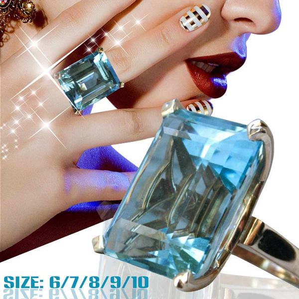 

cluster rings classic silver ring sterling jewelry for women square gemstones wedding geometry aquamarine engagement size6-10, Golden;silver