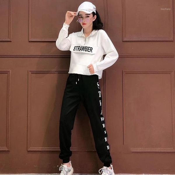 

2019 winter hood embroidery letter cotton + elastic waist trousers casual sports suit two-piece female1, White