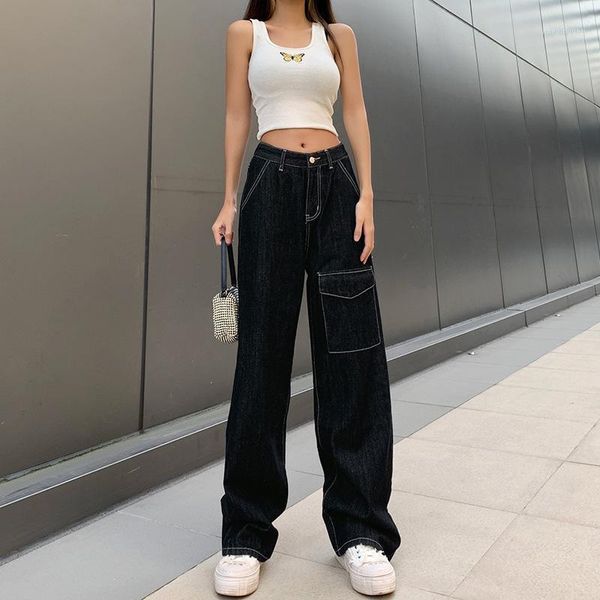 

women's jeans 2021 winter women high waist fashion all-match straight irregular pocket cargo pants casual vintage streetwear women1, Blue