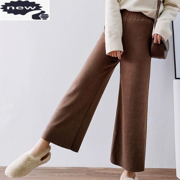 

high knitting womens ankle length wide leg autumn winter thick elastic waist loose fit casual female woolen pants, Black;white