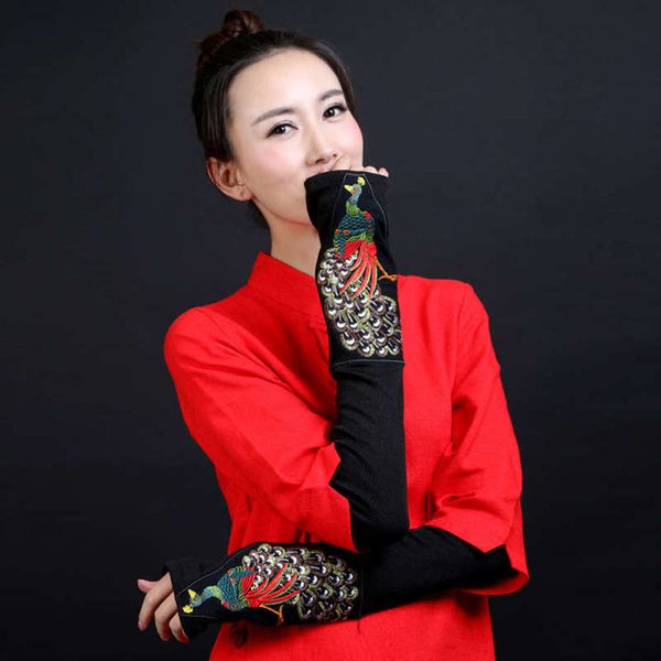 

embroidered ethnic design gloves women' personalized long peacock half finger gloves, Blue;gray