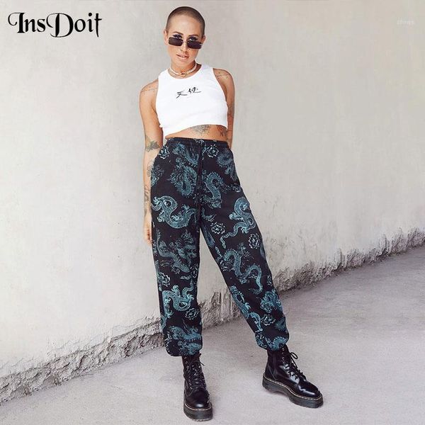 

insdoit streetwear punk dragon print harem pants gothic harajuku grunge pants women fashion cargo bandage elastic waist1, Black;white