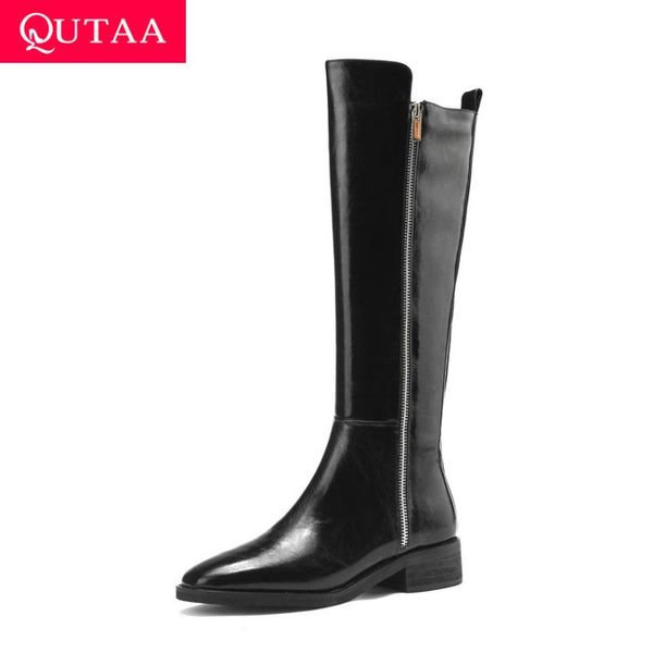 

qutaa 2021 ретро площади toe zipper колено высокие сапоги коровы кожа pu мода длинные сапоги квадратный каблук все матча женская обувь size3, Black