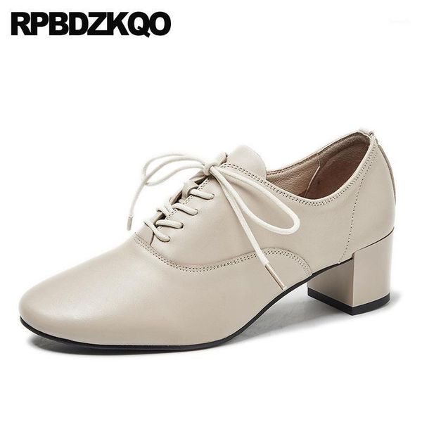 

dress shoes 2021 brand designer women pumps chic genuine leather beige thick lace up chunky round toe black medium heels