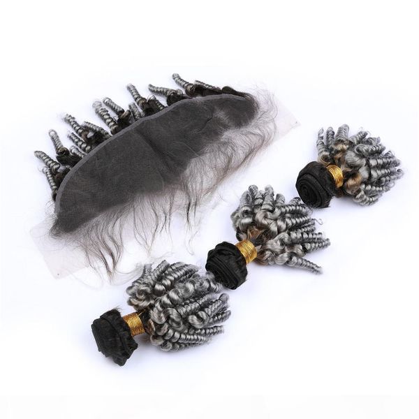 

aunty funmi malaysian human hair silver grey ombre bundles 3pcs with frontal #1b grey ombre sprial curly weaves with 13x4 lace frontal, Black;brown