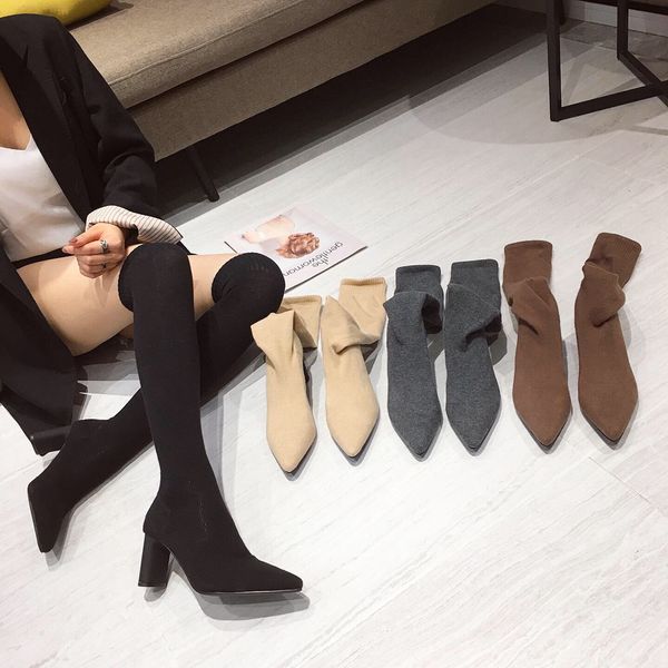 

2021 new elastic fabric solid woman on knee heels knit toe thin boots mujer size 34-39 7gzn, Black