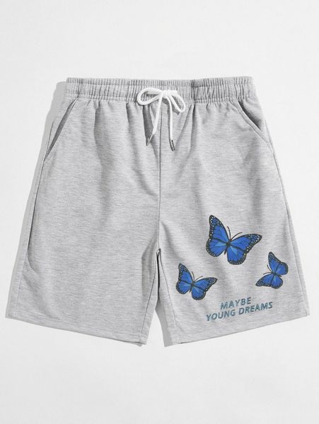 

men butterfly & slogan graphic track shorts p1od#, Black