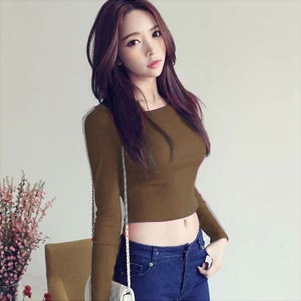 

women suit long sleeves crop round neck high waist t shirt slim fit nyz shop, White