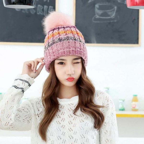 

простые женщины трикотажные hat женщины brand высокого качества зимние девушки шарика горнолыжная шерсти кролика hat помпонами теплый балакл, Black;white