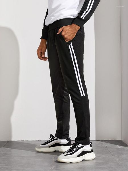

new autumn side stripe mosaic pocket design men's casual sport pants1, Black