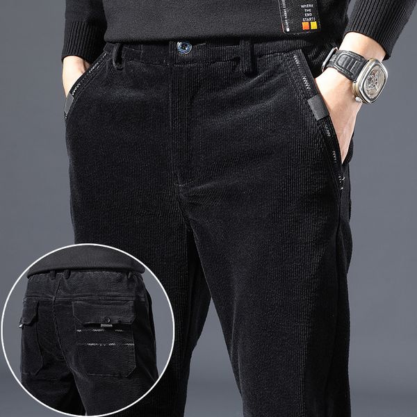 

2020 corduroy men's casual slim small straight thick striped pants fashion autumn winter, Black