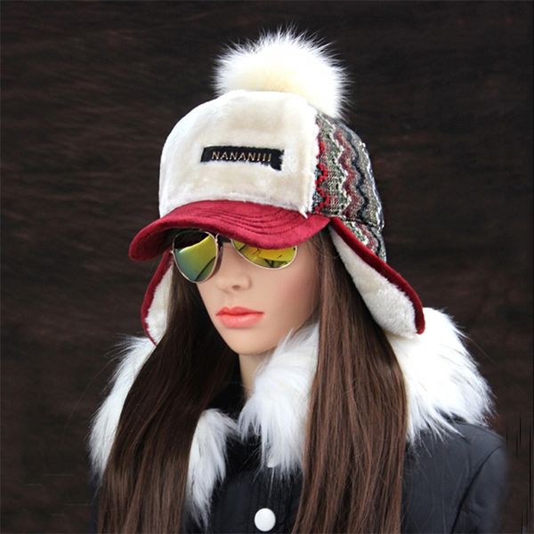 

winter faux cashmere bomber hat women earflap caps faux fur pompom snow hats adjustable bohemian russian ushanka y200103, Blue;gray