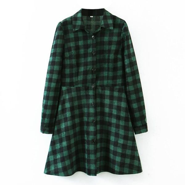 

2021spring autumn european american women's new long-sleeved green plaid a-line preppy style knee-length full notched dress, Black;gray
