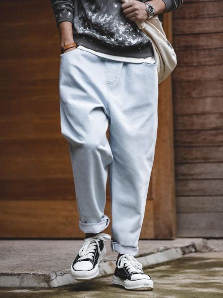 

men's jeans men pants baggy light blue elastic waist washed straight loose fit harem cargo distressed