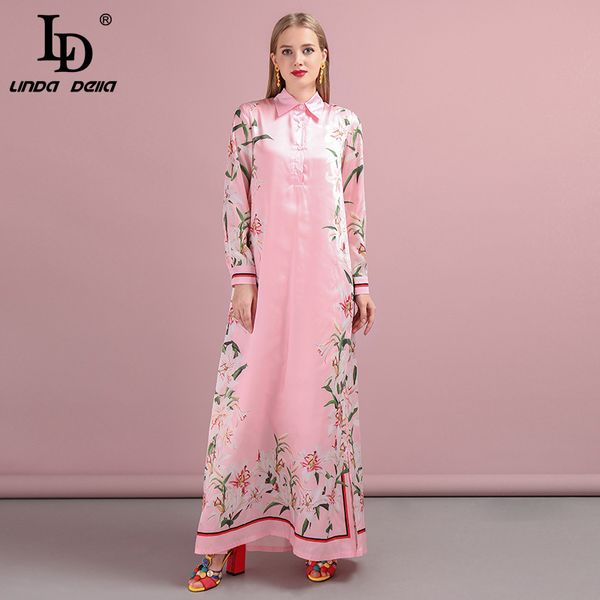 Ld linda della осень мода взлетно-посадочная дорожка плюс размер maxi платье женщины длинный рукав цветок печать розовый элегантный свободный праздник длинное платье 201204