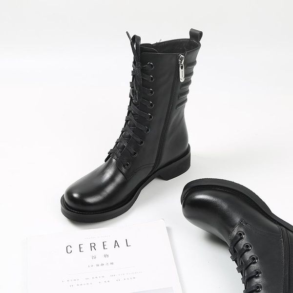 

royesic cow leather thick heel women short boots 2020 autumn new leather thick heel mid-heel side zipper lace-up martin boots, Black