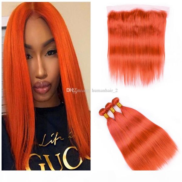 

orange human hair weaves with lace frontal brazilian virgin hair silk straight orange color hair bundles 3pcs with 13x4 lace frontal closure, Black;brown