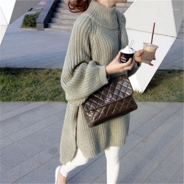 

2020 autumn and winter new style korean women's lazy loose knit sweater mid-length sweater long sleeve dress1, White;black
