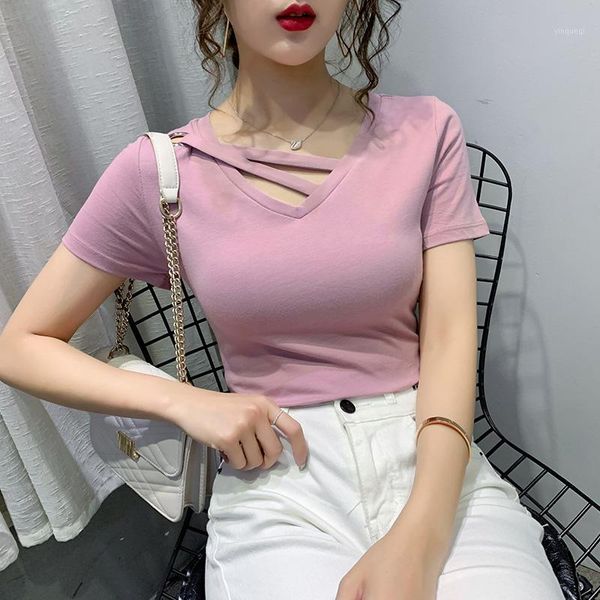 

gkfnmt summer cotton short sleeve t shirt women tshirt korean style tshirt slim hollow out pink white tee shirt femme 20201