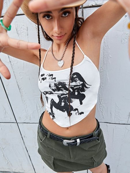 

figure graphic hanky hem tie back crop halter p3xm#, White