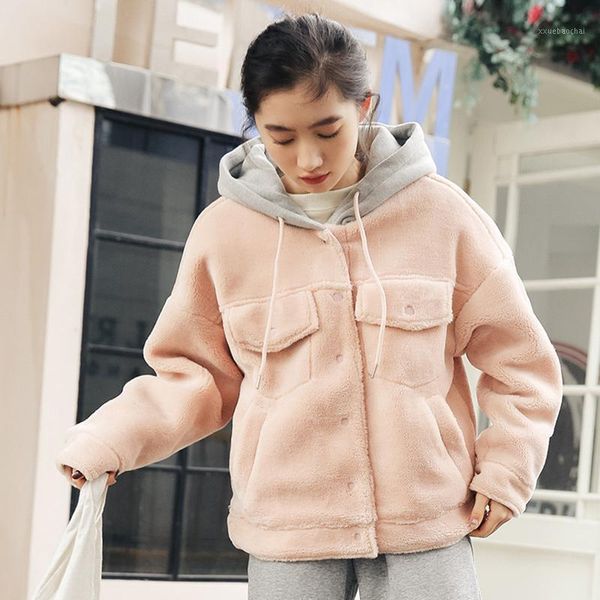 

lucyever 2020 new winter hoodie coat woman lambswool thick warm coats pockets school style sweet jacket women harajuku jacket1, Black