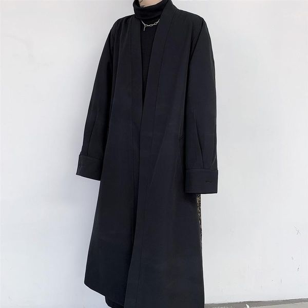 

men overcoat cardigan vintage pattern splice loose casual long jacket trench coat male japan streetwear hip hop gothic kimono1, Tan;black