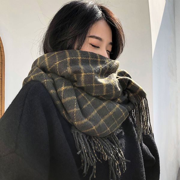 

sogo sen plaid tassel scarf for women in winter, Blue;gray