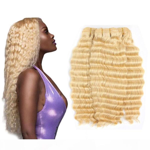 

blonde deep wave 3pieces lot malaysian virign human hair extensions three bundles deep curly 613# color hair wefts, Black