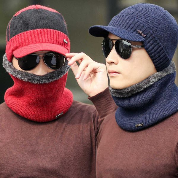 

men hat winter thick soft fashion cap beanie face mask warm visor fleece scarf hat scarf set skullies beanies knitted