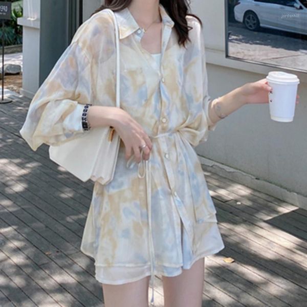 

neploe 2020 summer new printing causal 2 piece sets long sleeve medium-long blouse + wide leg shorts korean loose suits 4c0061, White