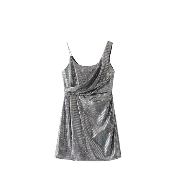 

2021 new silver shiny dresses woman party night above the knee sleeveless dressed in spaghetti girdle ys4z, Black;gray
