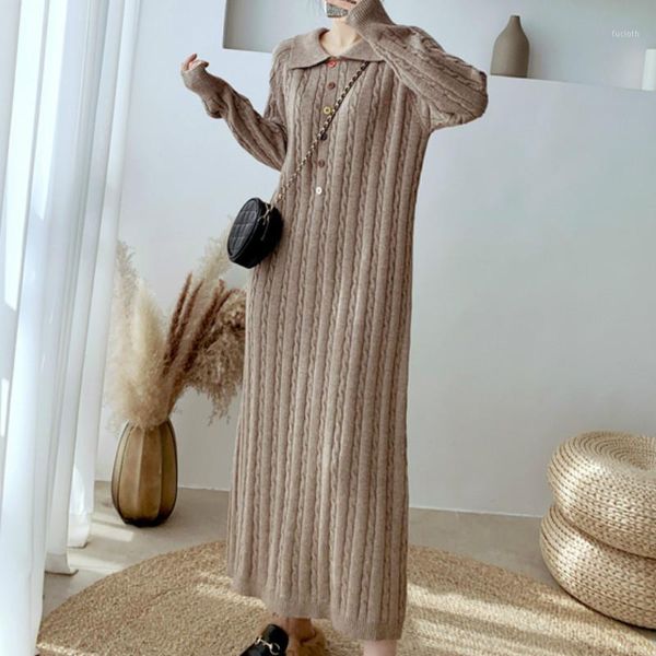 

2020 winter dress woman sweaters vintage rib knit a-line dress turn down collar long sleeve button plus size robe pull fall1, Black;gray