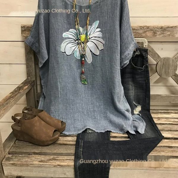 

new women's print and linent-shirt linen daisy short sleeve hemp d277 new women's print and linent-shirt cotton linendaisy short s, White