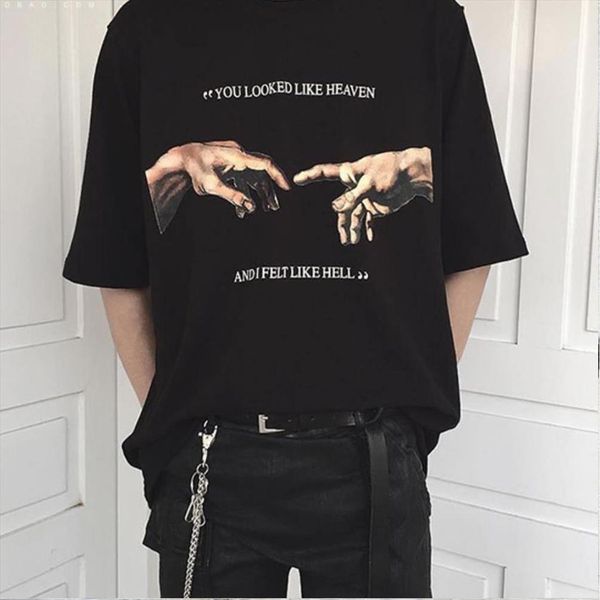 

1pcs you looked like heaven and i felt like hell michaelangelo creation of adam hands printing t shirt women summer short sleeve, White