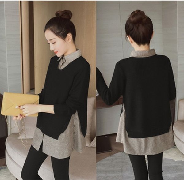 

жира мм плюс размер женщин с длинным рукавом рубашки женщин тонкий верхний топ shirtcoat рубашки пальто нижней поддельные две части средней, White