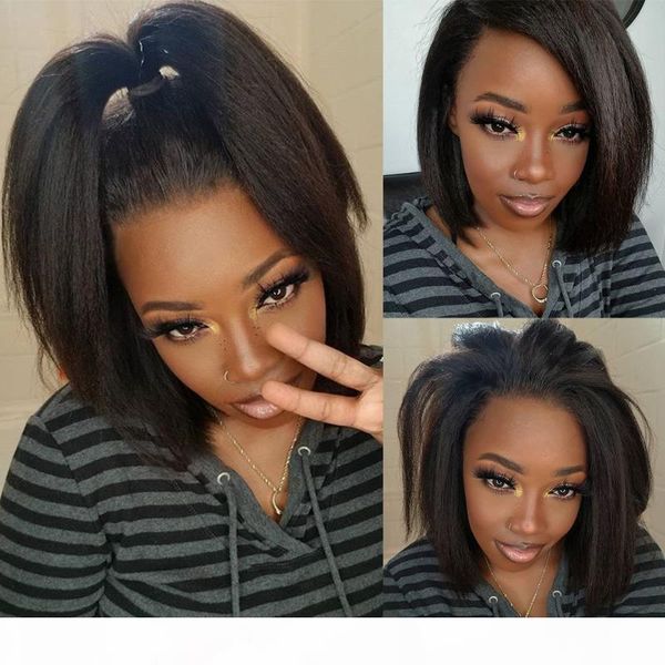 

13x6 deep part lace front human hair wigs for black women pre plucked brazilian remy hair 150% kinky straight short bob lace wig, Black;brown