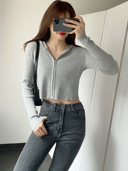 

erc2p sister xiaoyu's versatile and wwp7 cardigan knitted spring hooded autumn new thin sweatercoat sweaterwith short sweater coat wo, White;black