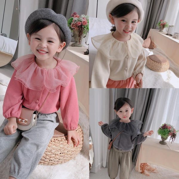 

children's clothing 2020 girls autumn new princess petal collar cardigan solid color children coat, Blue;gray