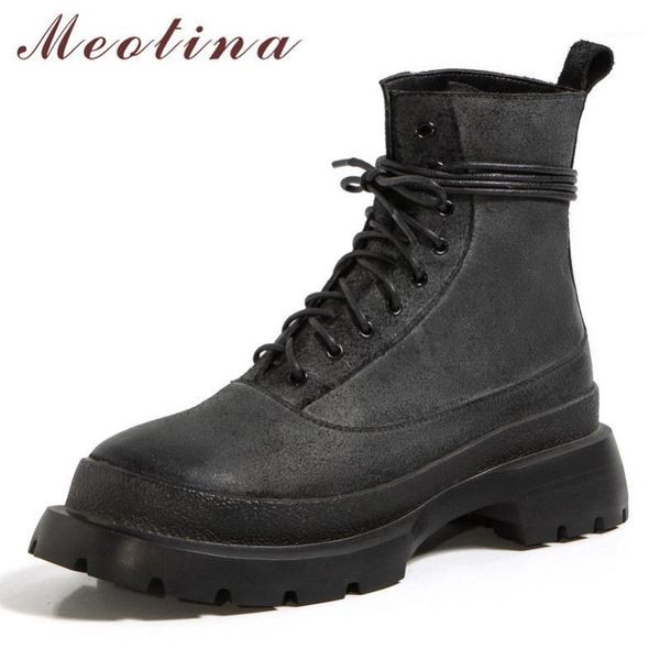 

meotina motorcycle boots women shoes natural genuine leather platform flats ankle boots lady cross tied short female black1, Black