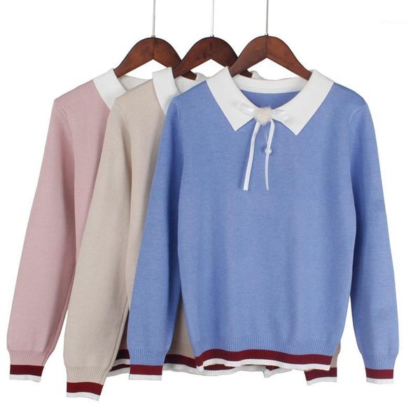 

gigogou women pullover sweater autumn winter elastic knitted bead bowtie collar campus girls pullovers soft female jumper1, White;black