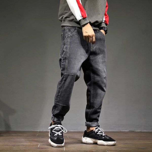 

autumn grey jeans men's loose fit large toe elastic waist student trendy hip hop feet harlan pants thin, Blue
