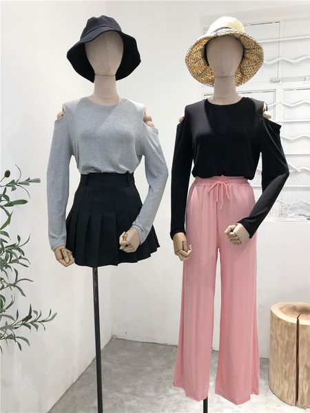 

mrs. qian pear customizable off-shoulder long-sleeved t-shirt women's summer thin section loose sunscreen shirt solid color, White