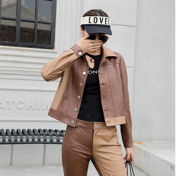 

women's leather & faux autumn khaki real jacket women harajuku sheepskin genuine coat patchwork color slim short lady casual streetwear, Black