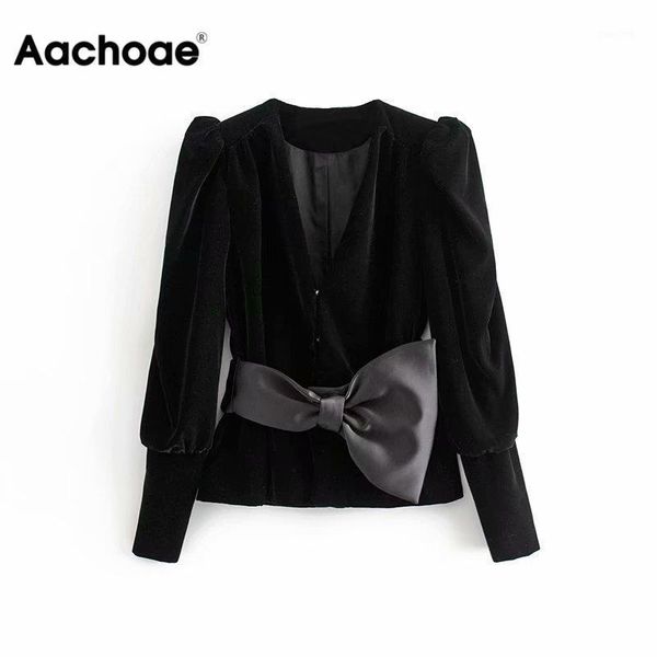 

women velvet jacket elegant lady deep v neck big bow sashes long puff sleeve coat winter chic female outwear office suit coat1, Black;brown