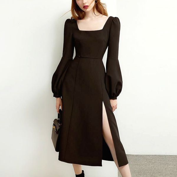 

black retro split elegant midi designer hepburn style chiffon dress fall 2021 3i4e, Black;gray