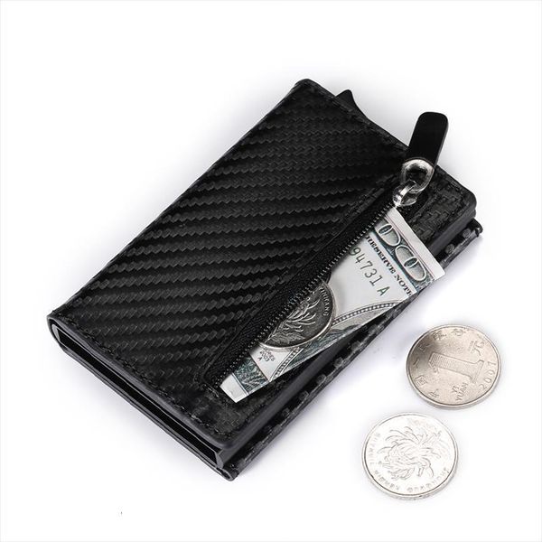

credit card holder aluminum box card wallet rfid pu leather pop up case magnet carbon fiber coin purse, Red;black