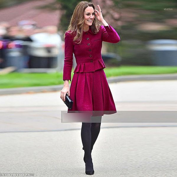 

two piece dress kate middleton fashion single breasted loose half skirt vintage elegant chic party work casual women's, White