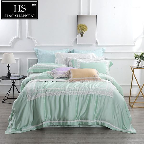 

high-end green 4 piece lace bedding sets modern princess 100% tencel lyocell super breathable bed linen set 650 thread count1