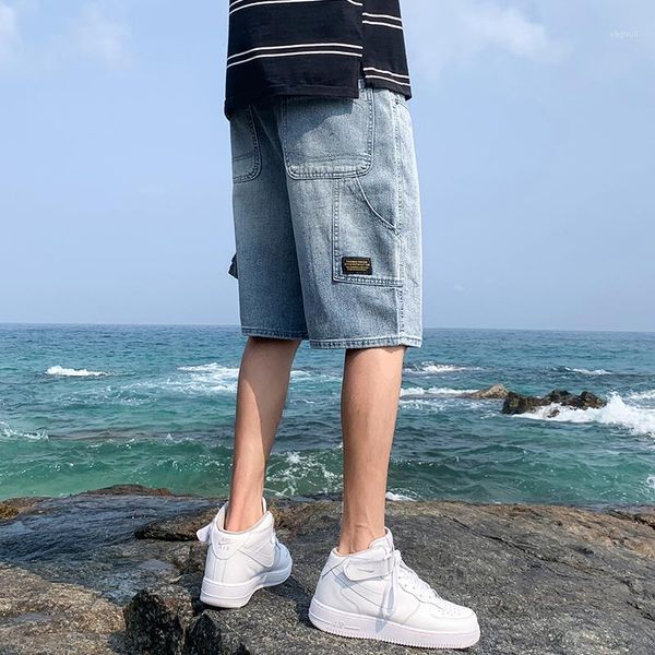 

tooling shorts korean version loose large size fashion trend casual straight cotton 5 points pants young denim shorts men1, Blue